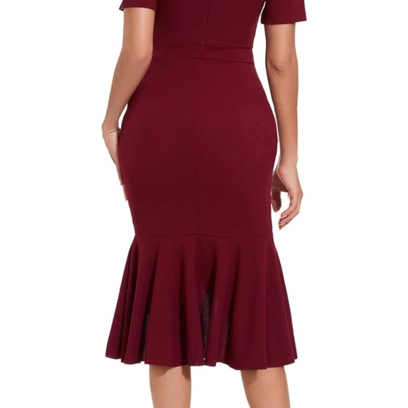 Neck Ruffle Flowy Midi Dress Formal Wrap Bodycon Dress Cocktail Party Dress - Picture 2 of 2